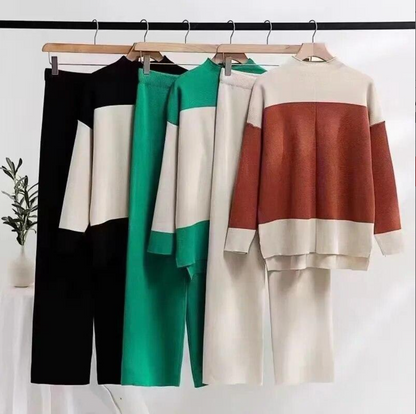 Conjunto 'Stripe Comfort': Suéter Holgado y Pantalón Tejido para un Invierno con Estilo