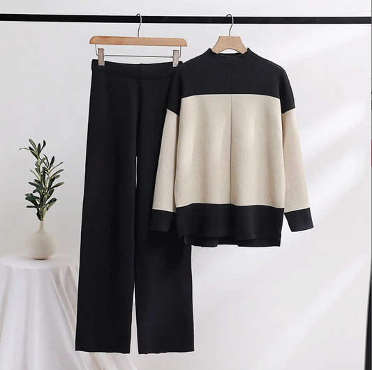 Conjunto 'Stripe Comfort': Suéter Holgado y Pantalón Tejido para un Invierno con Estilo